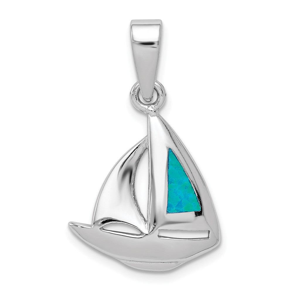 Sterling Silver Rhodium-plated Blue Inlay Created Opal Sailboat Pendant QC7696