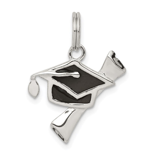 Sterling Silver Rhod-pltd Black Enamel Graduation Cap/Diploma Charm QC7755