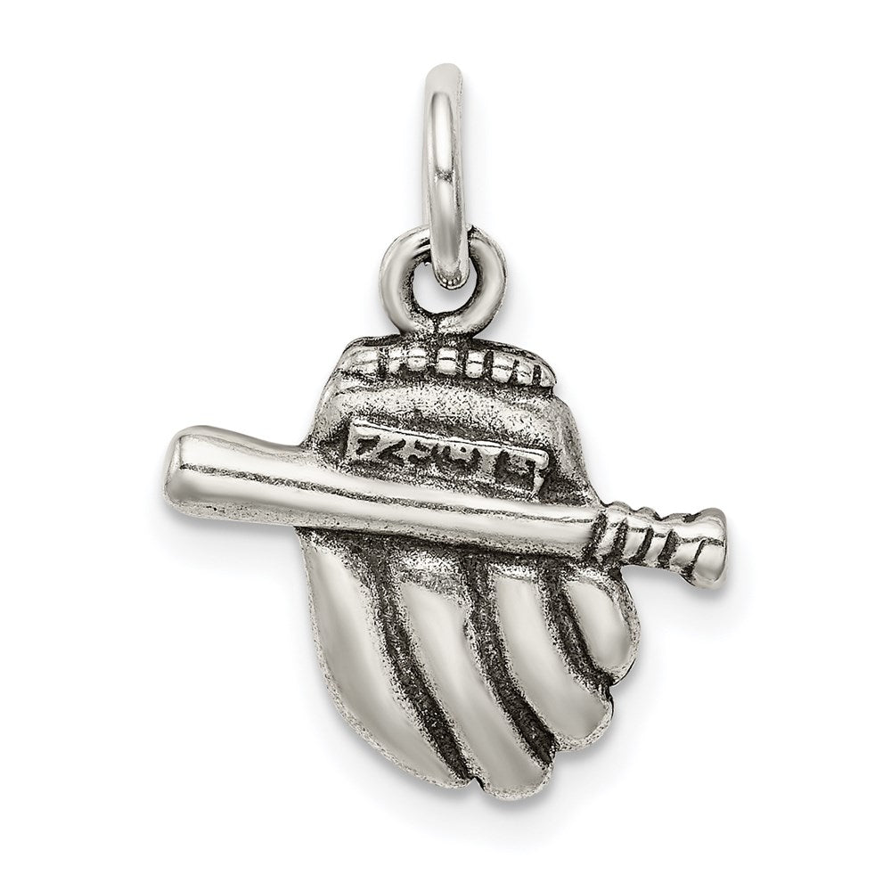 Sterling Silver Antiqued Baseball Glove/Bat Charm QC7804