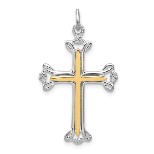 Sterling Silver Rhodium-plated Polished Vermeil Budded Cross Pendant QC7928
