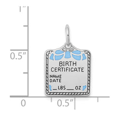 Sterling Silver Rhodium-plated Blue Birth Certificate Polished Charm QC8