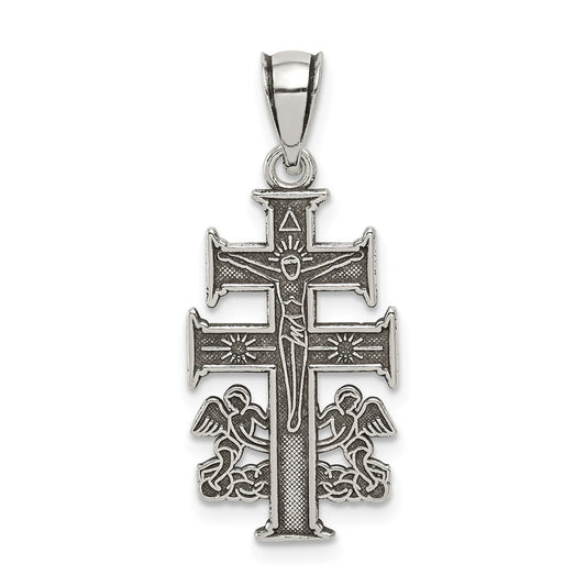 Sterling Silver Antiqued Caravaca Double Cross w/Angels Crucifix Pendant QC8140