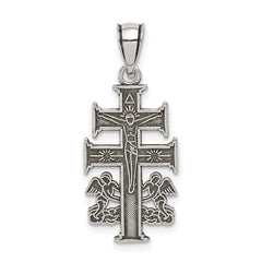 Sterling Silver Antiqued Caravaca Double Cross w/Angels Crucifix Pendant QC8140