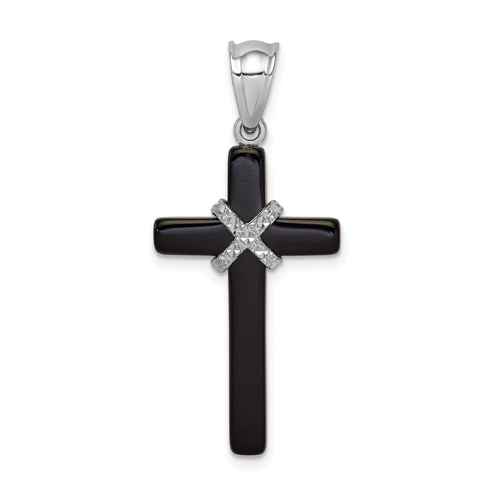 Sterling Silver Rhodium-plated Onyx Cross Pendant QC8143