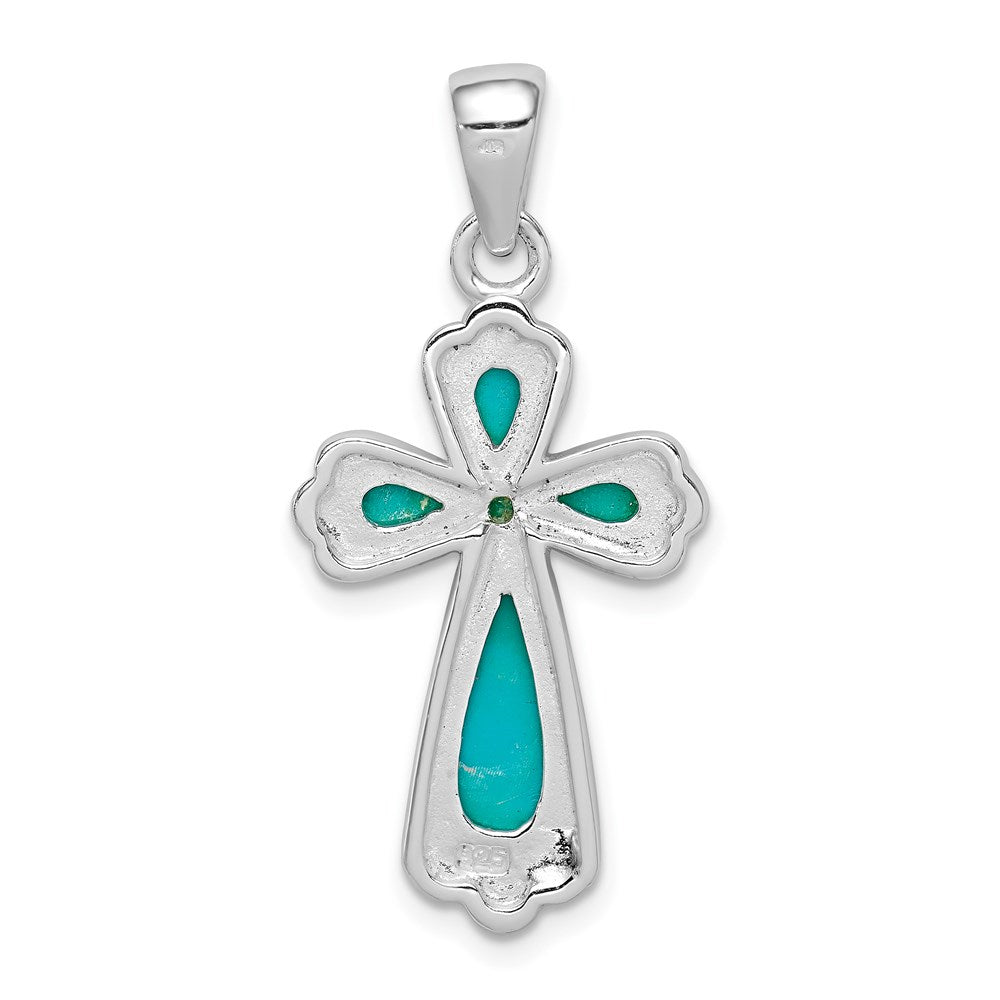 Sterling Silver Rhodium-plated Polished Imitation Turquoise Cross Pendant QC8144