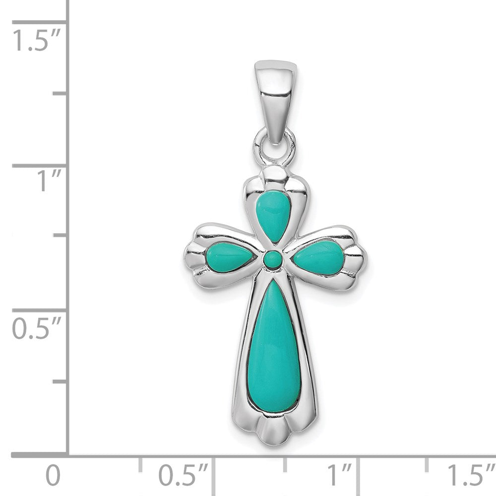 Sterling Silver Rhodium-plated Polished Imitation Turquoise Cross Pendant QC8144