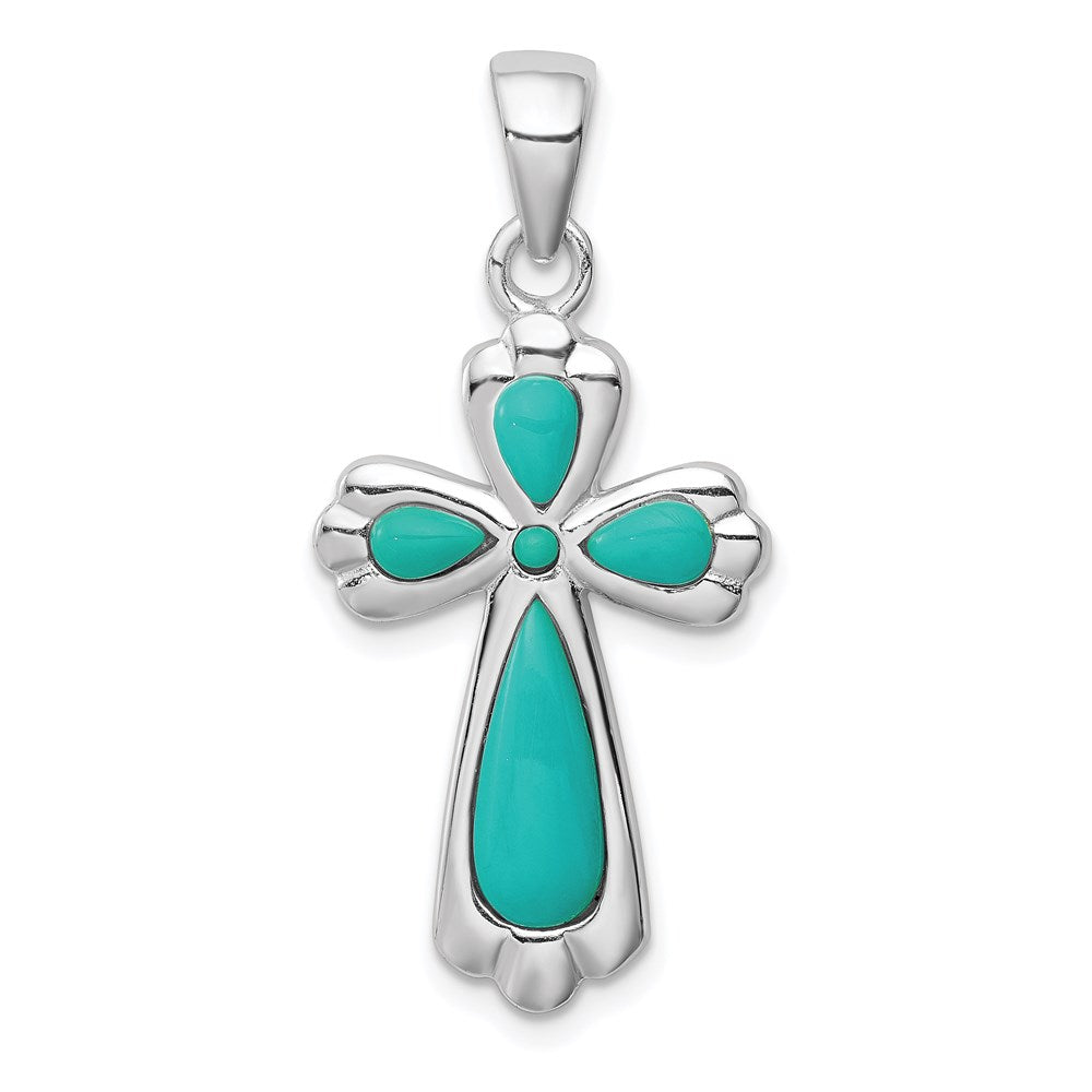 Sterling Silver Rhodium-plated Polished Imitation Turquoise Cross Pendant QC8144