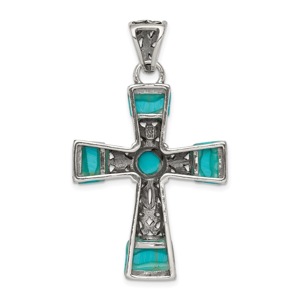 Sterling Silver Synthetic Turquoise Antiqued Cross Pendant QC8145