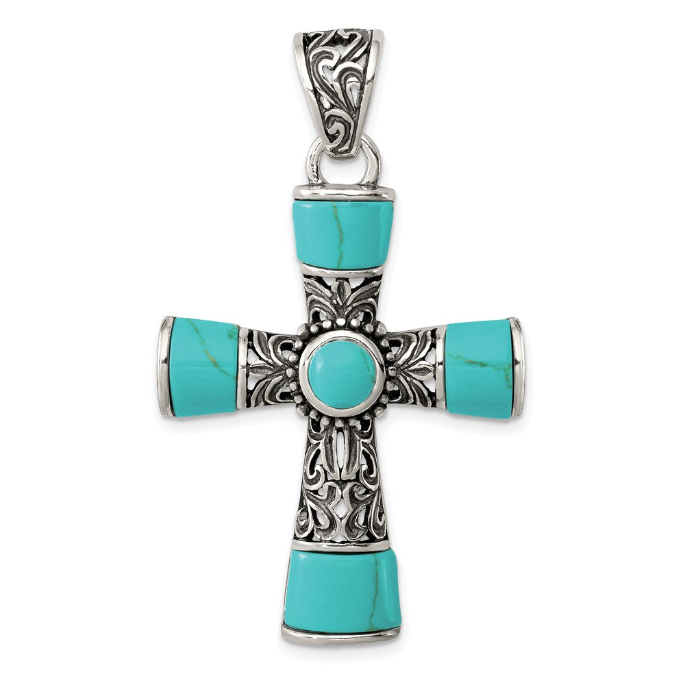 Sterling Silver Synthetic Turquoise Antiqued Cross Pendant QC8145