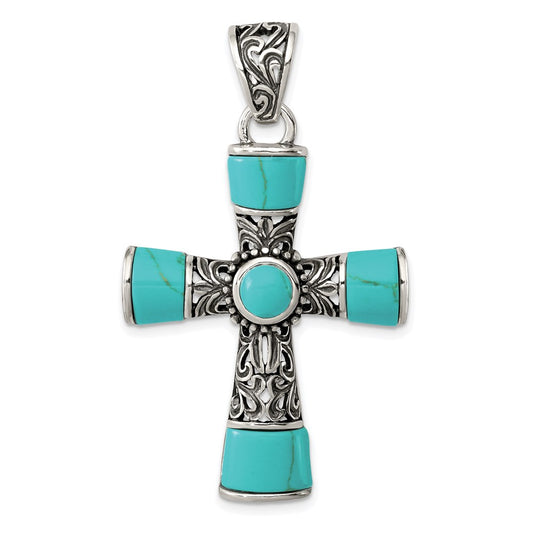 Sterling Silver Synthetic Turquoise Antiqued Cross Pendant QC8145