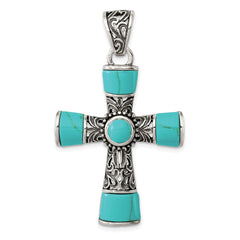 Sterling Silver Synthetic Turquoise Antiqued Cross Pendant QC8145