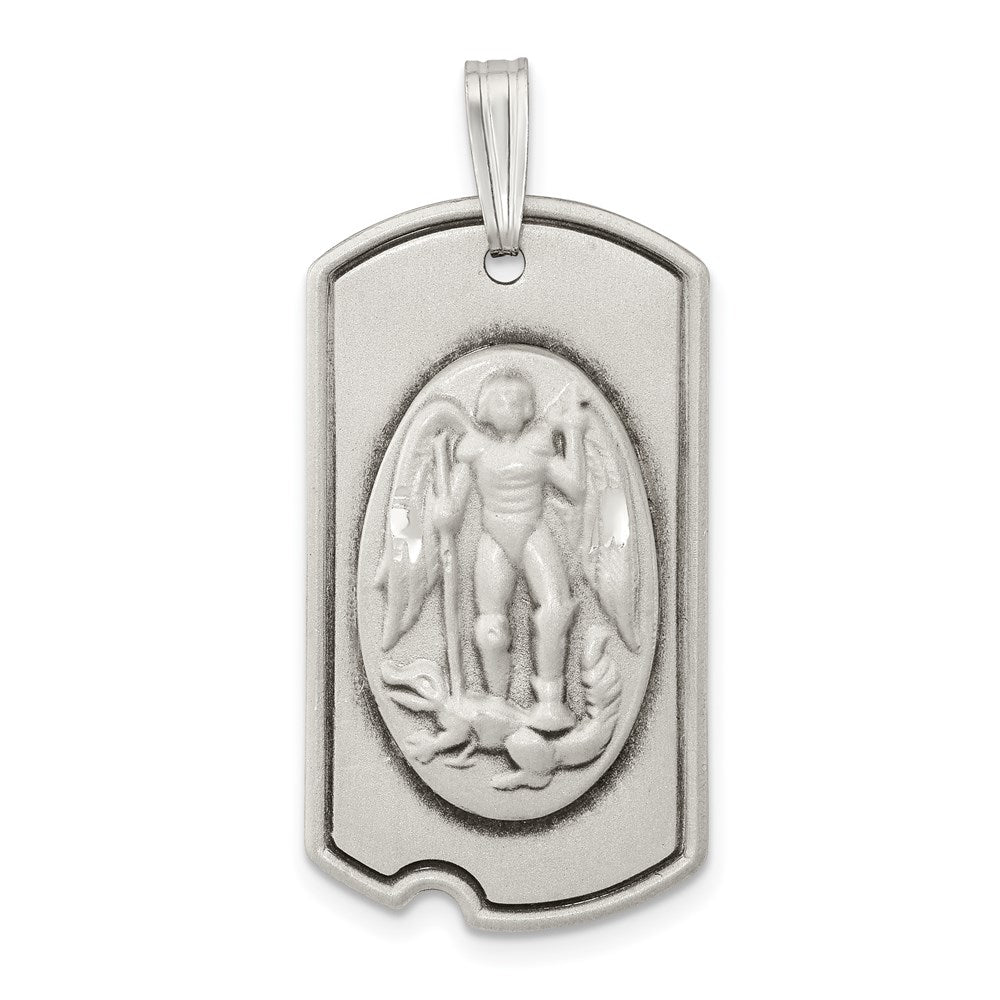 Sterling Silver Antiqued Dog Tag Saint Michael Pendant QC8382