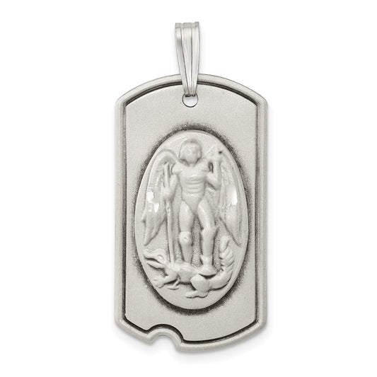 Sterling Silver Antiqued Dog Tag Saint Michael Pendant QC8382