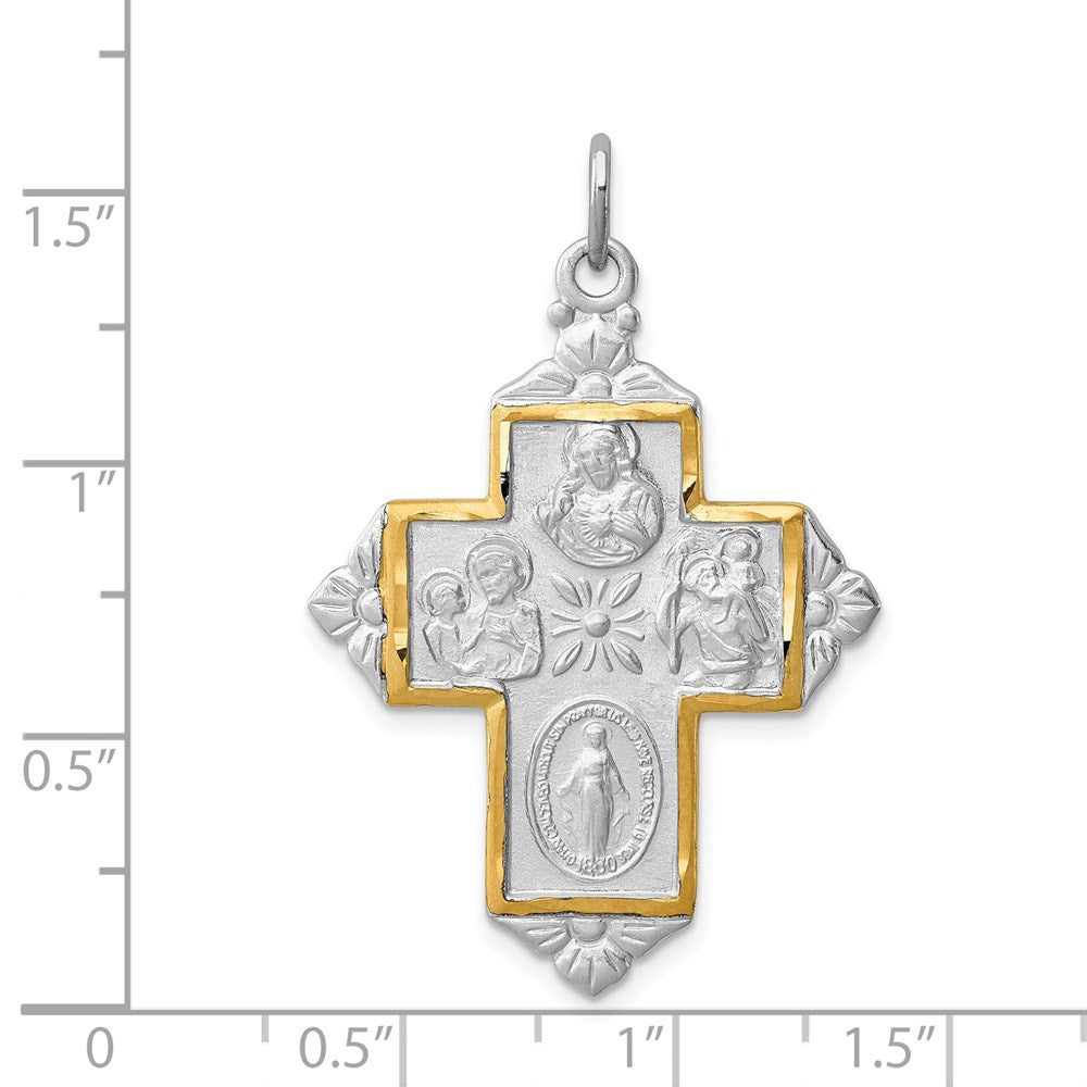 Sterling Silver Rhodium-plated & Gold-tone 4-Way Medal Cross Pendant QC8386