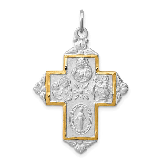 Sterling Silver Rhodium-plated & Gold-tone 4-Way Medal Cross Pendant QC8386