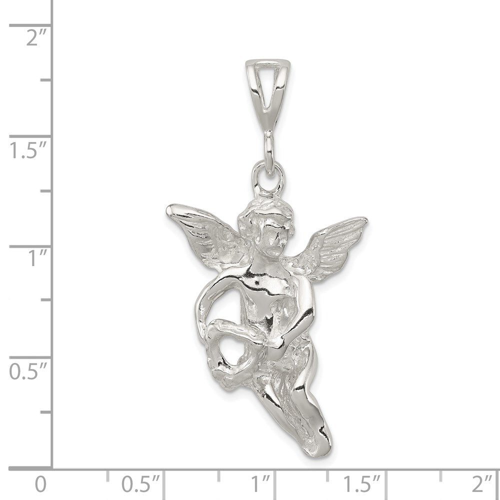 Sterling Silver Polished & Textured Flying Angel w/Heart Pendant QC8408