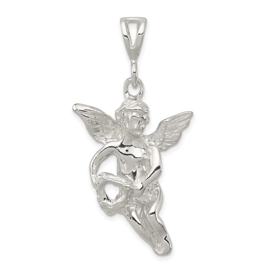 Sterling Silver Polished & Textured Flying Angel w/Heart Pendant QC8408