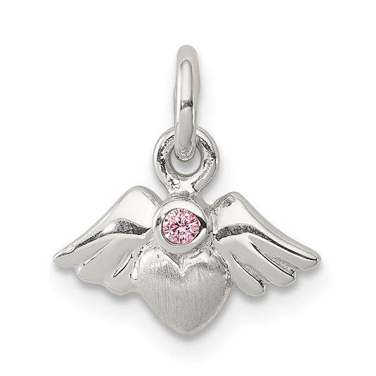 Sterling Silver Rhod-pltd Polished/Satin Heart w/Wings Pink CZ Pendant QC8424