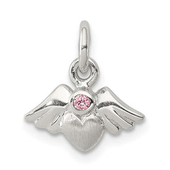Sterling Silver Rhod-pltd Polished/Satin Heart w/Wings Pink CZ Pendant QC8424