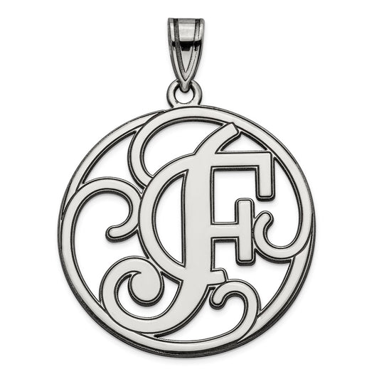 Sterling Silver Rhodium-plated Fancy Script Letter F Initial Pendant QC8999F