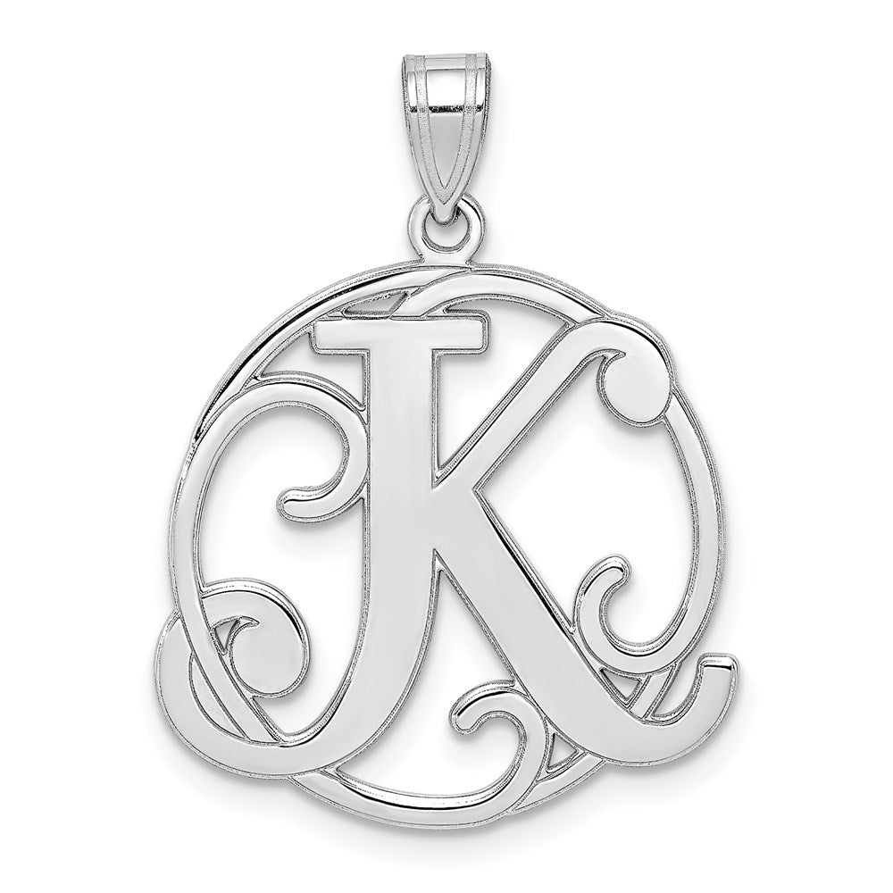 Sterling Silver Rhodium-plated Fancy Script Letter K Initial Pendant QC8999K