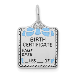 Sterling Silver Rhodium-plated Blue Birth Certificate Polished Charm QC8