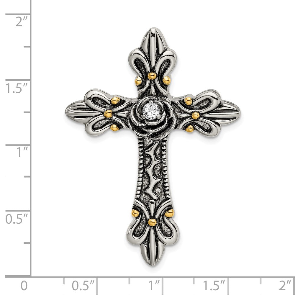 Sterling Silver Gold-plated CZ Antiqued Cross Slide QC9077
