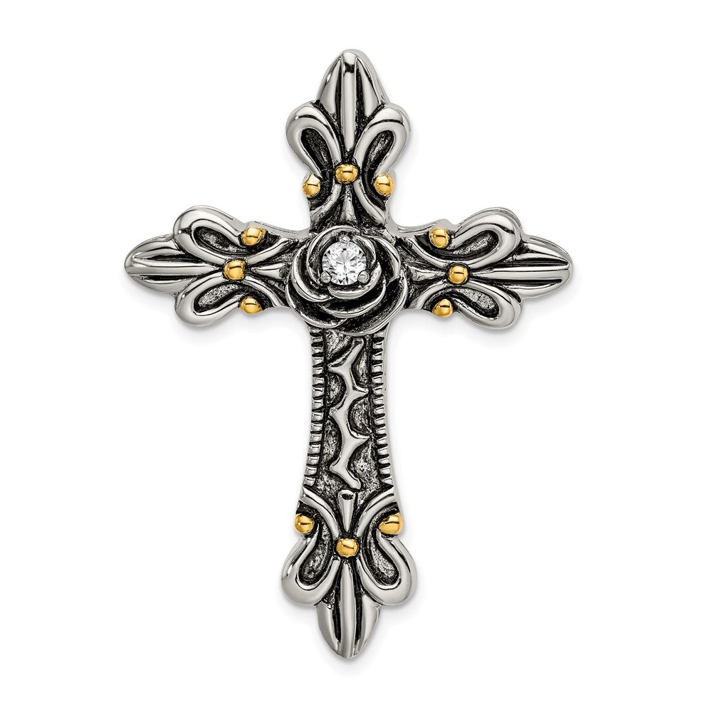 Sterling Silver Gold-plated CZ Antiqued Cross Slide QC9077