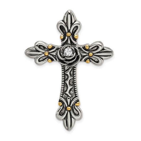 Sterling Silver Gold-plated CZ Antiqued Cross Slide QC9077
