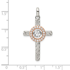 Sterling Silver Plat-plate Rose & Gold-tone Vibrant CZ Cross Pendant QC9083