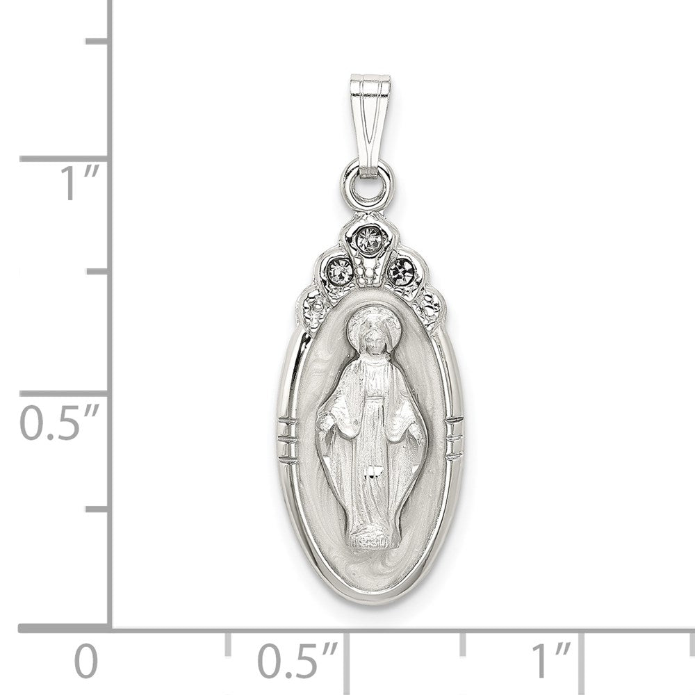 Sterling Silver White Epoxy & Crystal Miraculous Medal Pendant QC9114