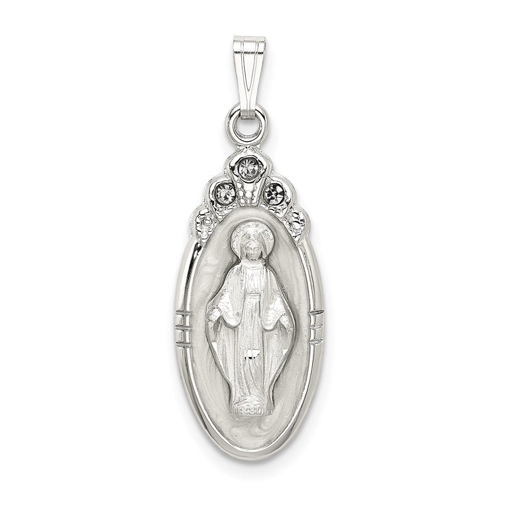Sterling Silver White Epoxy & Crystal Miraculous Medal Pendant QC9114