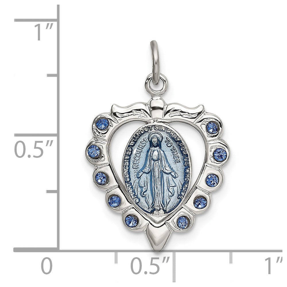 Sterling Silver Epoxy & Crystal Miraculous Medal Heart Pendant QC9115