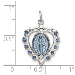 Sterling Silver Epoxy & Crystal Miraculous Medal Heart Pendant QC9115