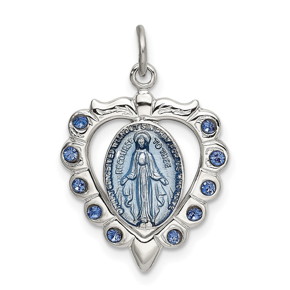Sterling Silver Epoxy & Crystal Miraculous Medal Heart Pendant QC9115