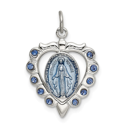 Sterling Silver Epoxy & Crystal Miraculous Medal Heart Pendant QC9115