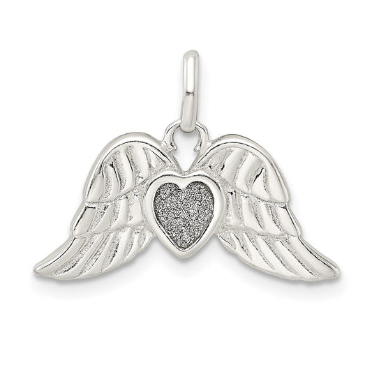 Sterling Silver Polished Enamel Glitter Fabric Heart w/Wings Pendant QC9139