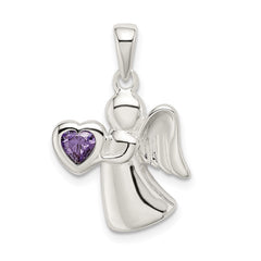 Sterling Silver Angel w/Purple CZ Heart Pendant QC9144