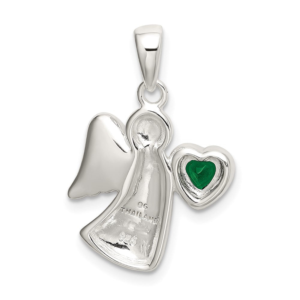 Sterling Silver Angel w/Dark Green CZ Heart Pendant QC9145