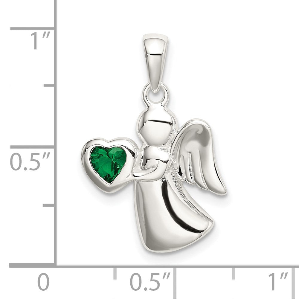 Sterling Silver Angel w/Dark Green CZ Heart Pendant QC9145