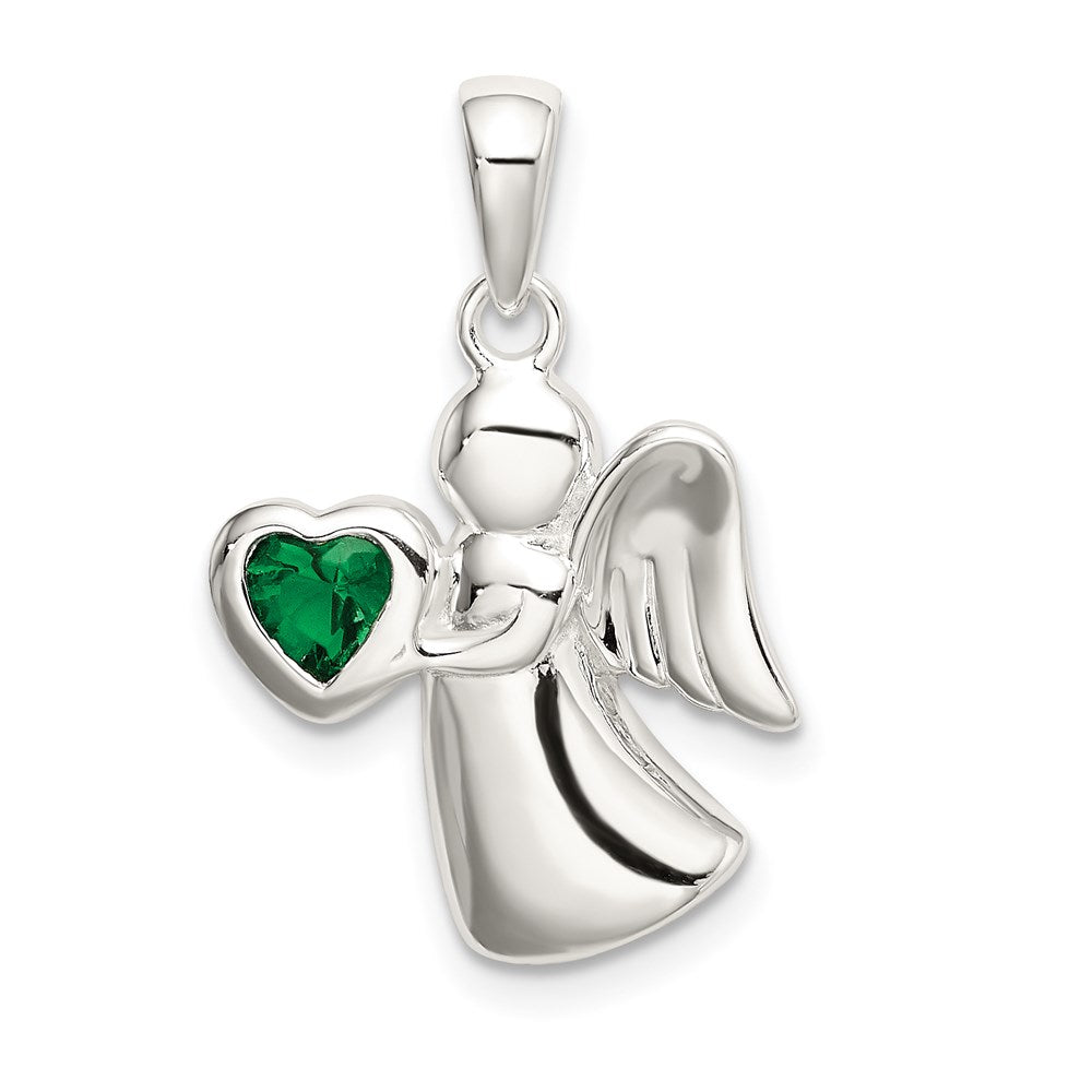 Sterling Silver Angel w/Dark Green CZ Heart Pendant QC9145