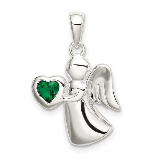 Sterling Silver Angel w/Dark Green CZ Heart Pendant QC9145