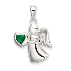Sterling Silver Angel w/Dark Green CZ Heart Pendant QC9145