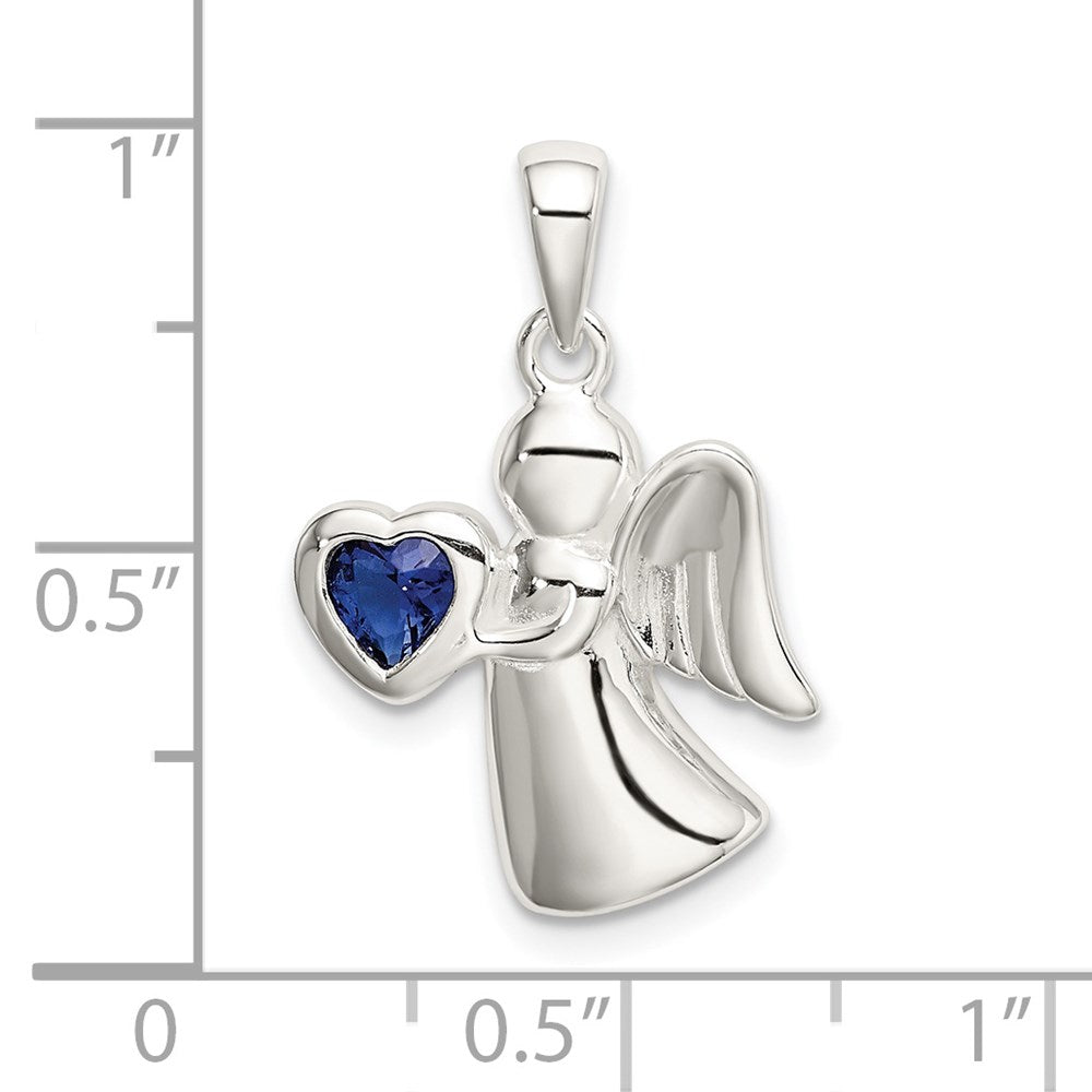 Sterling Silver Angel w/Dark Blue CZ Heart Pendant QC9146