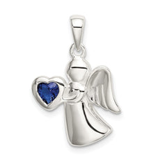 Sterling Silver Angel w/Dark Blue CZ Heart Pendant QC9146