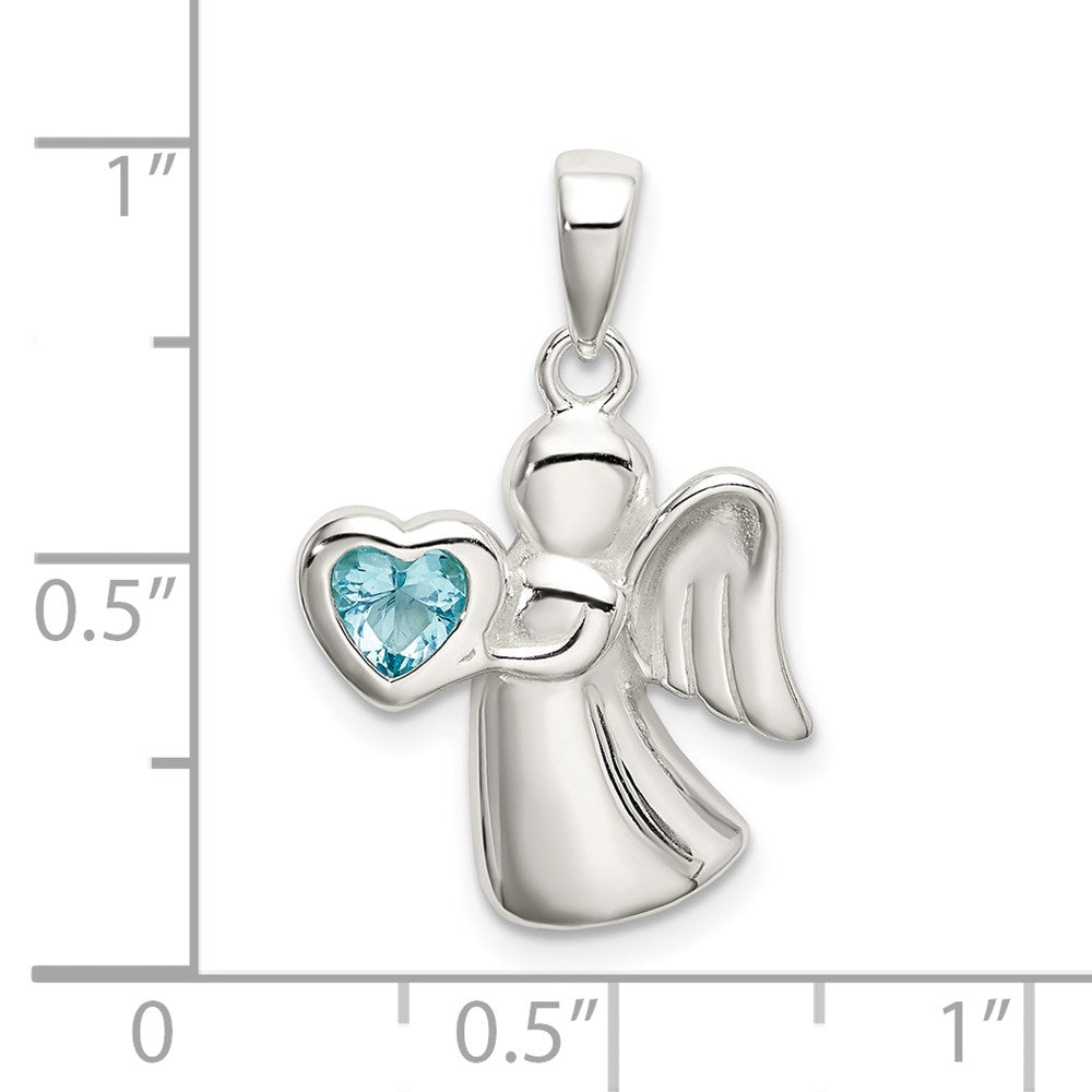Sterling Silver Angel w/Light Blue CZ Heart Pendant QC9147