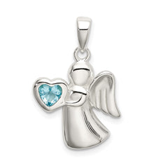 Sterling Silver Angel w/Light Blue CZ Heart Pendant QC9147