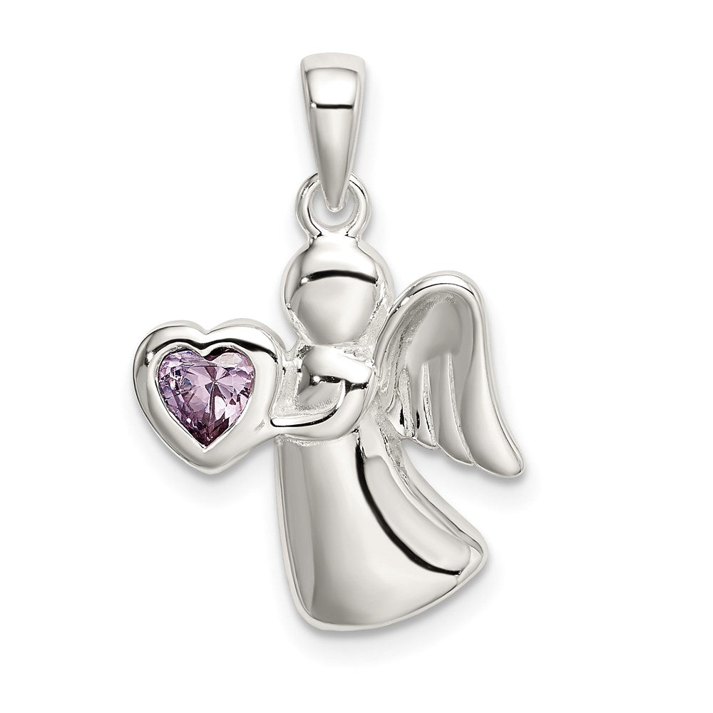 Sterling Silver Angel w/Light Purple CZ Heart Pendant QC9148