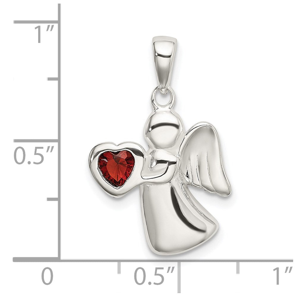Sterling Silver Angel w/Dark Red CZ Heart Pendant QC9151