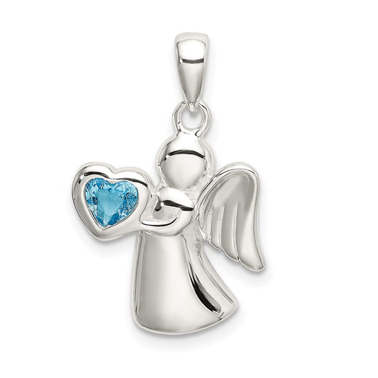 Sterling Silver Angel w/Blue CZ Heart Pendant QC9152